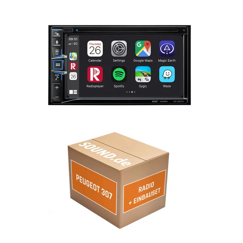 Autoradio Einbaupaket Alpine INE-W611D passend für Peugeot 307 + PDC | Navigationssystem CD-/DVD-Laufwerk