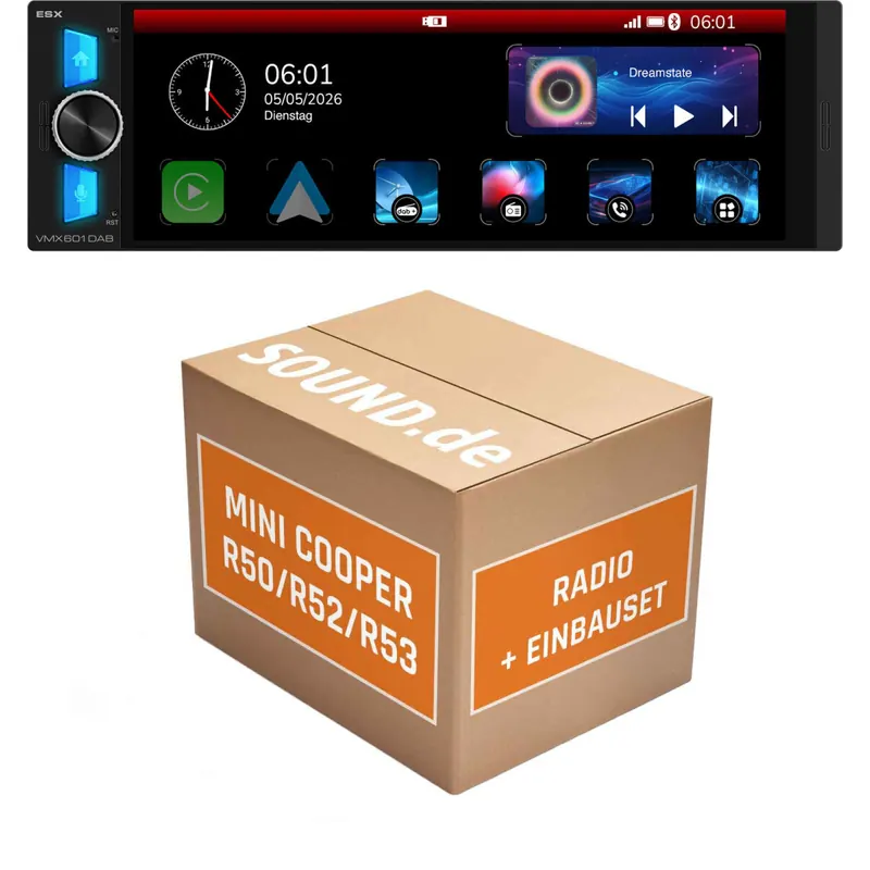 Autoradio Einbaupaket ESX VMX passend für Mini Cooper R50/R52/R53 (2001-2006) | CarPlay Wireless Android Auto Wireless Bluetooth