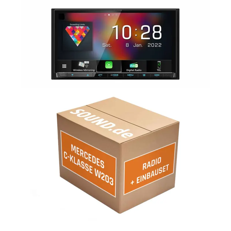 Autoradio Einbaupaket Kenwood DMX8021DABS passend für Mercedes C-Klasse W203 + Lenkradfernbedienung | (Wireless) Apple CarPlay (Wireless) Android Auto