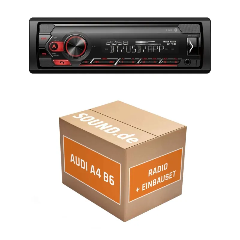 Autoradio Einbaupaket Pioneer MVH-S320BT für Audi A4 B6 + Symphony + Lenkradfernbedienung Schwarz Bluetooth USB