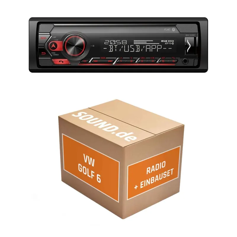 Autoradio Einbaupaket Pioneer MVH-S320BT passend für Golf VI + Dynaudio, Rückfahrkamera, Linien statisch Schwarz | Bluetooth USB