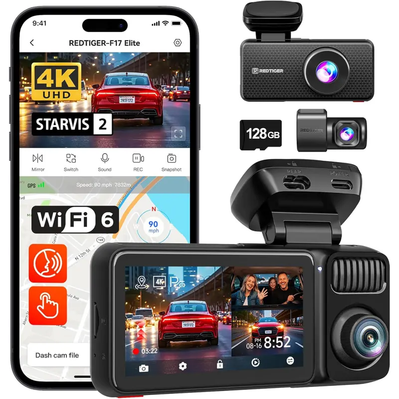 Redtiger F17 Elite | 3-Kanal 4K+2,5K+1080P 24/7 Ultra-Farbe Wifi6 Dashcam